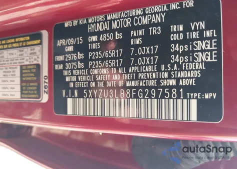 2015 Hyundai Santa Fe Sport 2.4L z USA, uszkodzony, nr VIN 5XYZU3LB8FG297581